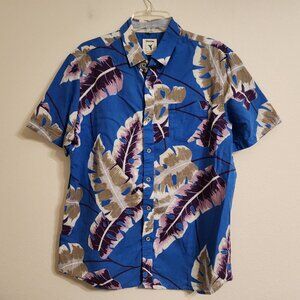 Natural Blue Men Button Down Shirt Short Sleeve Sz L Linen Blend Floral Casual